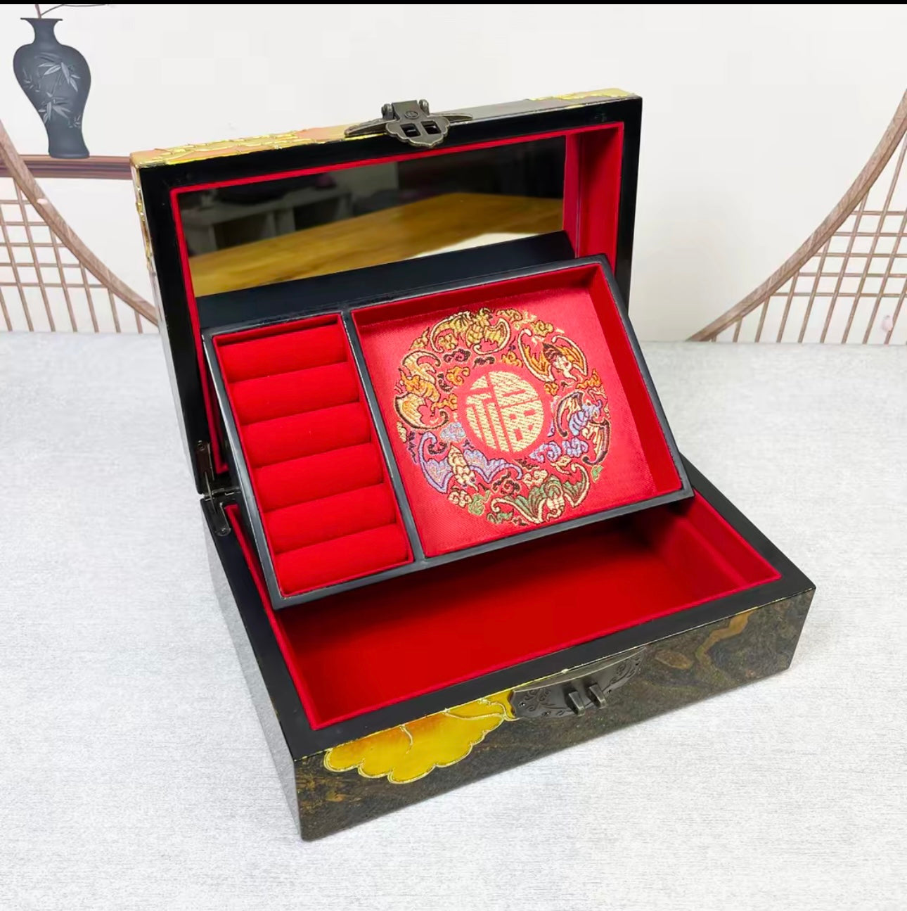 Wooden Jewelry Box- Peony Flower