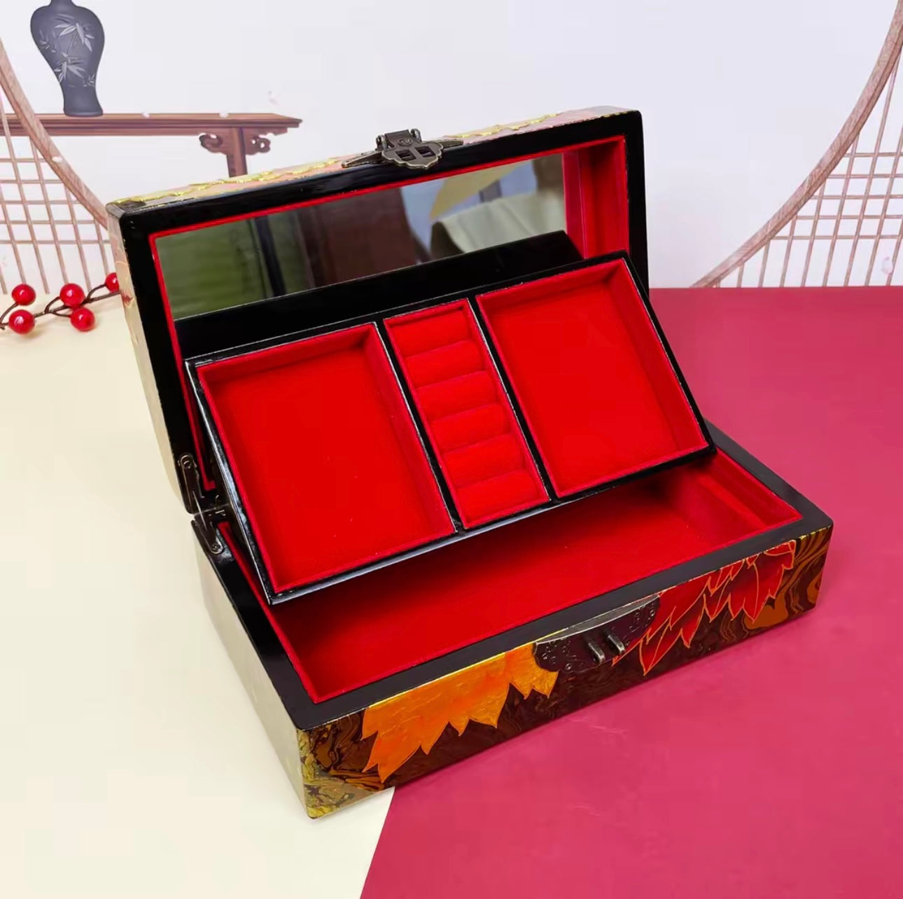 Wooden Jewelry Box- Peony Flower