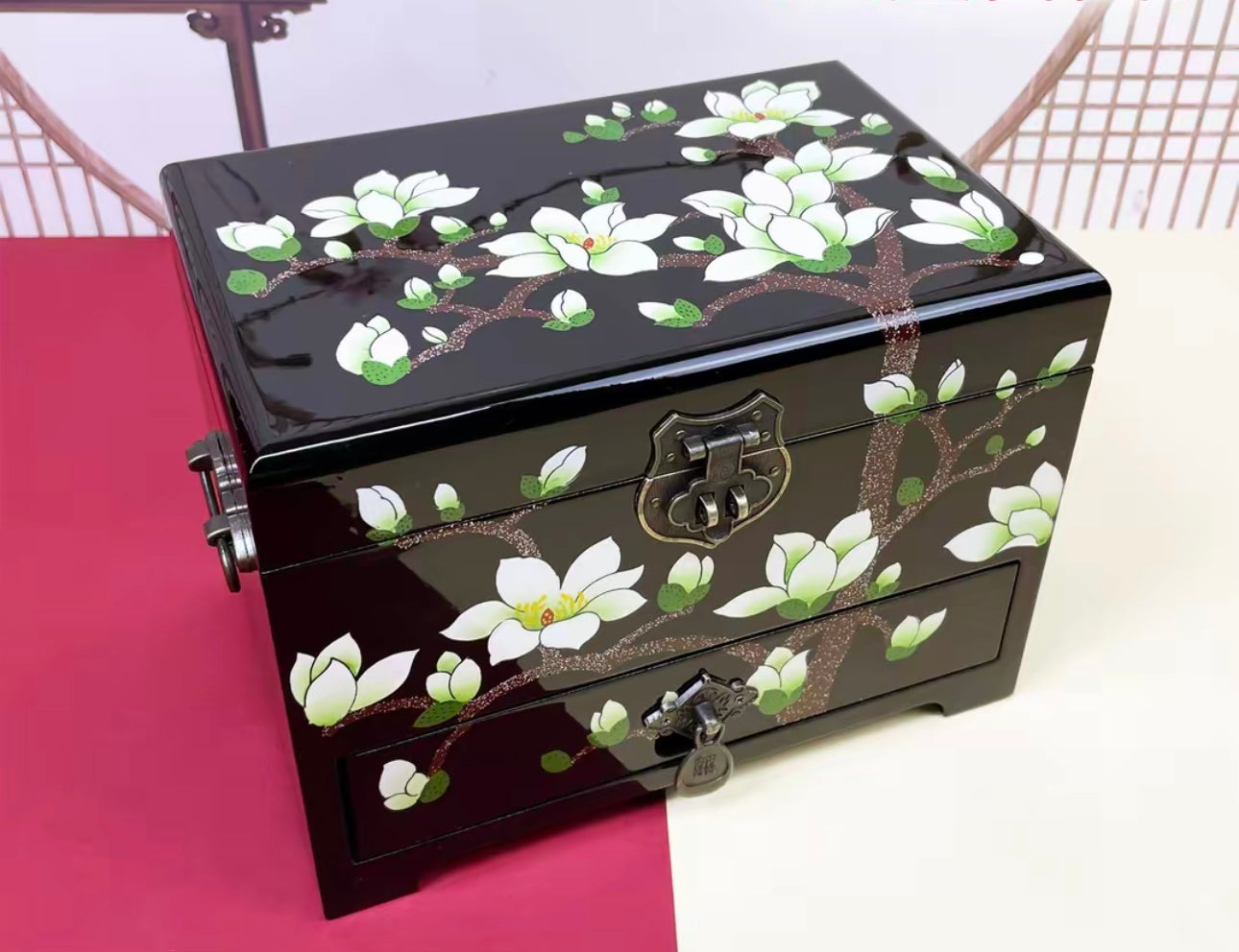 Wooden Jewelry Box- White Magnolia Flower/Black Box(21*14*15 cm/8.3*5.5*6 inch)