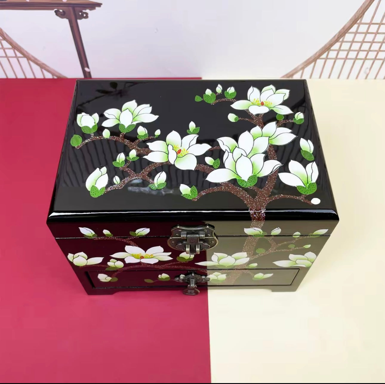 Wooden Jewelry Box- White Magnolia Flower/Black Box(21*14*15 cm/8.3*5.5*6 inch)