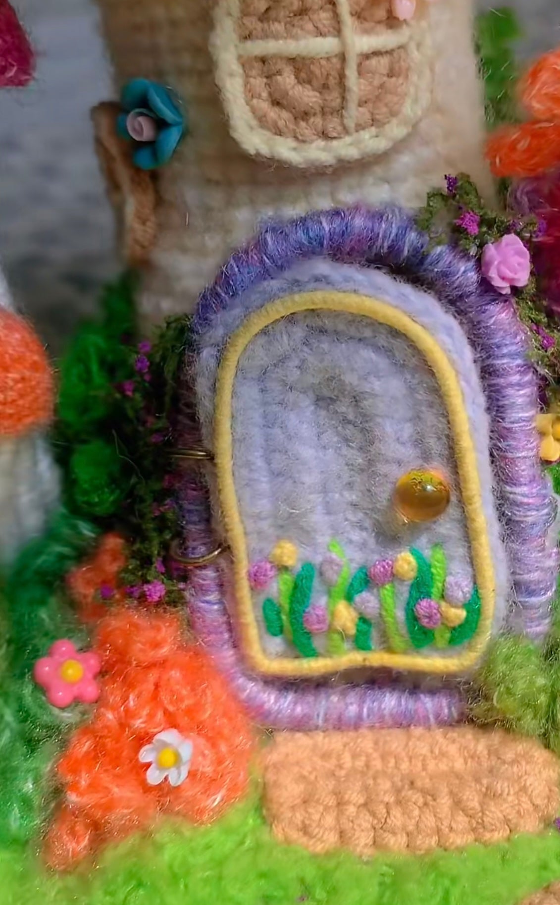 Crochet Mushroom House with Embroidery Flowers/Night Lamp
