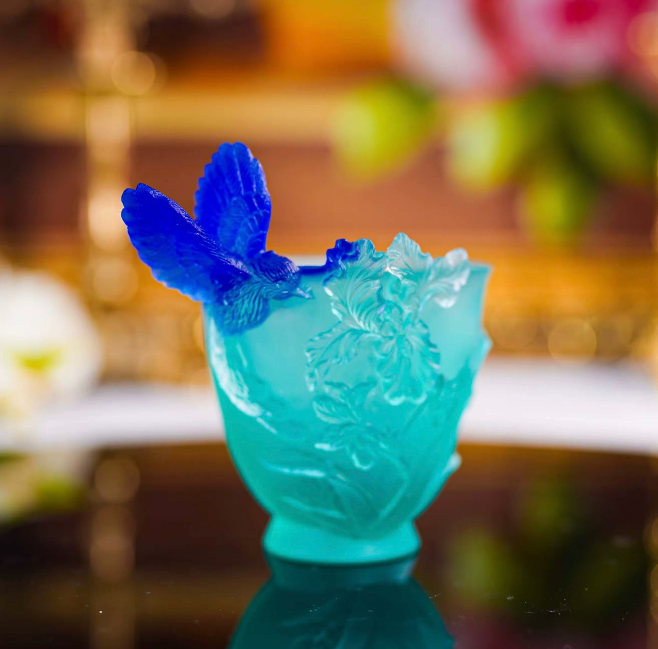LIULI/Crystal Cup- Humming Bird and Iris Flower Pattern/Blue