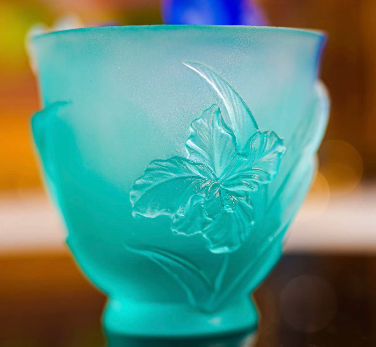 LIULI/Crystal Cup- Humming Bird and Iris Flower Pattern/Blue