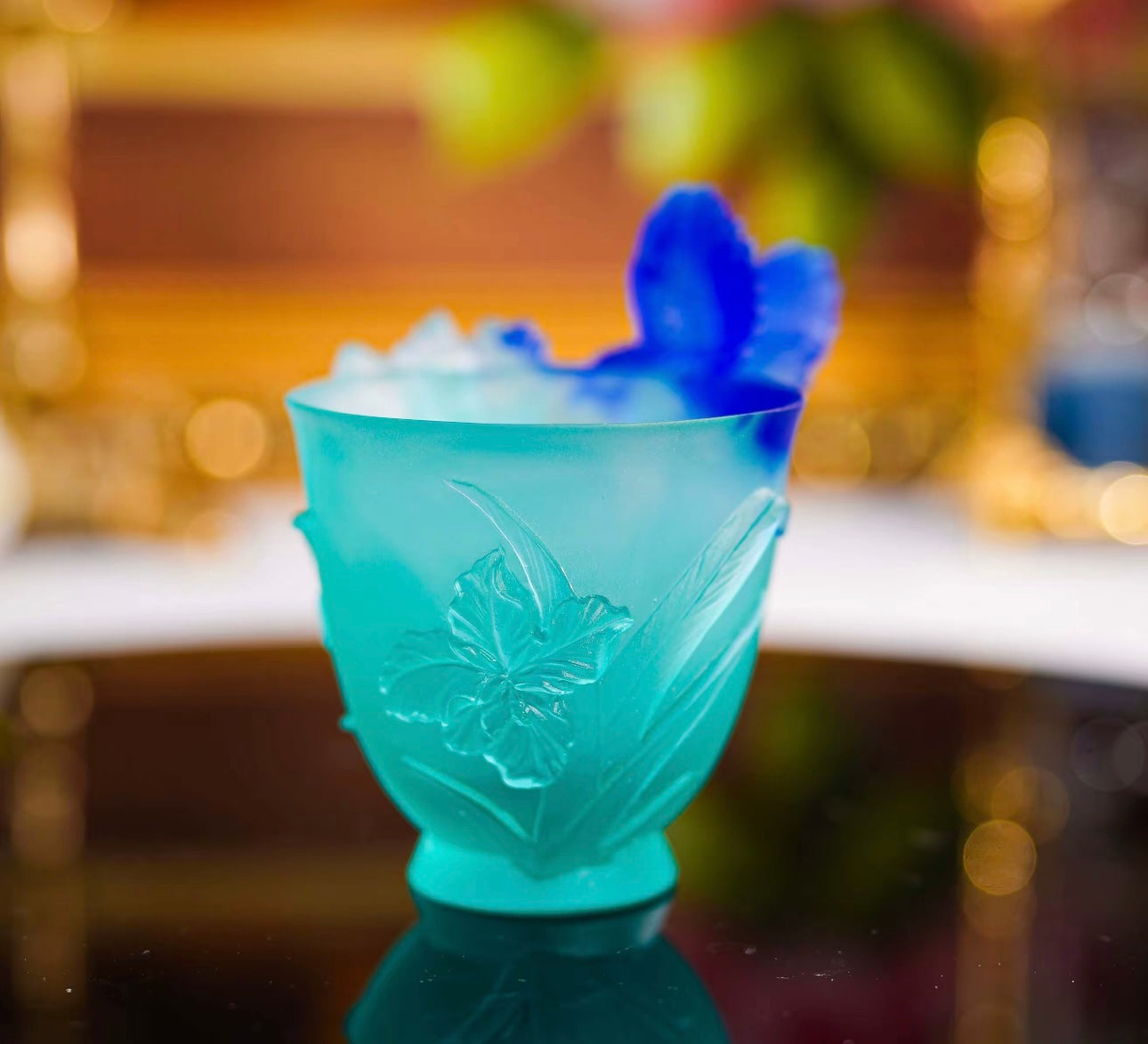 LIULI/Crystal Cup- Humming Bird and Iris Flower Pattern/Blue