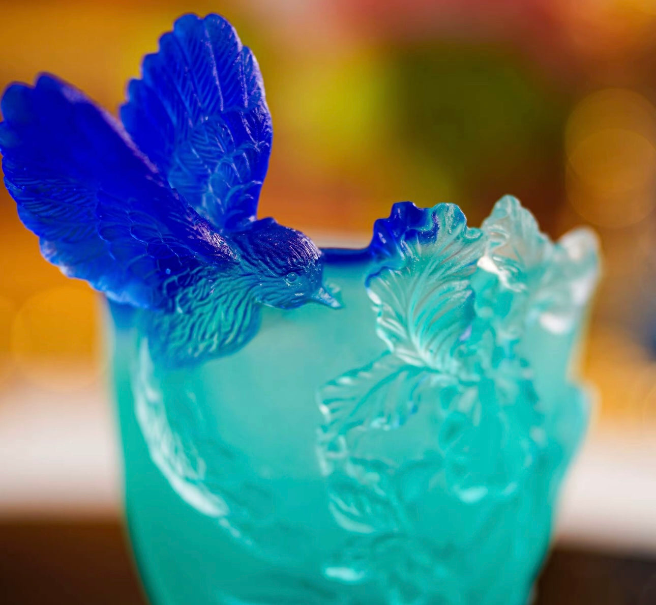 LIULI/Crystal Cup- Humming Bird and Iris Flower Pattern/Blue
