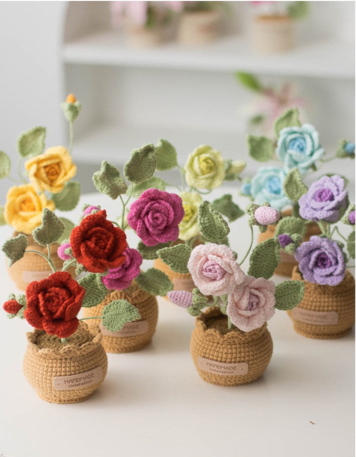 Rose Flower with Crochet Pot(20 cm/7.8 inch)