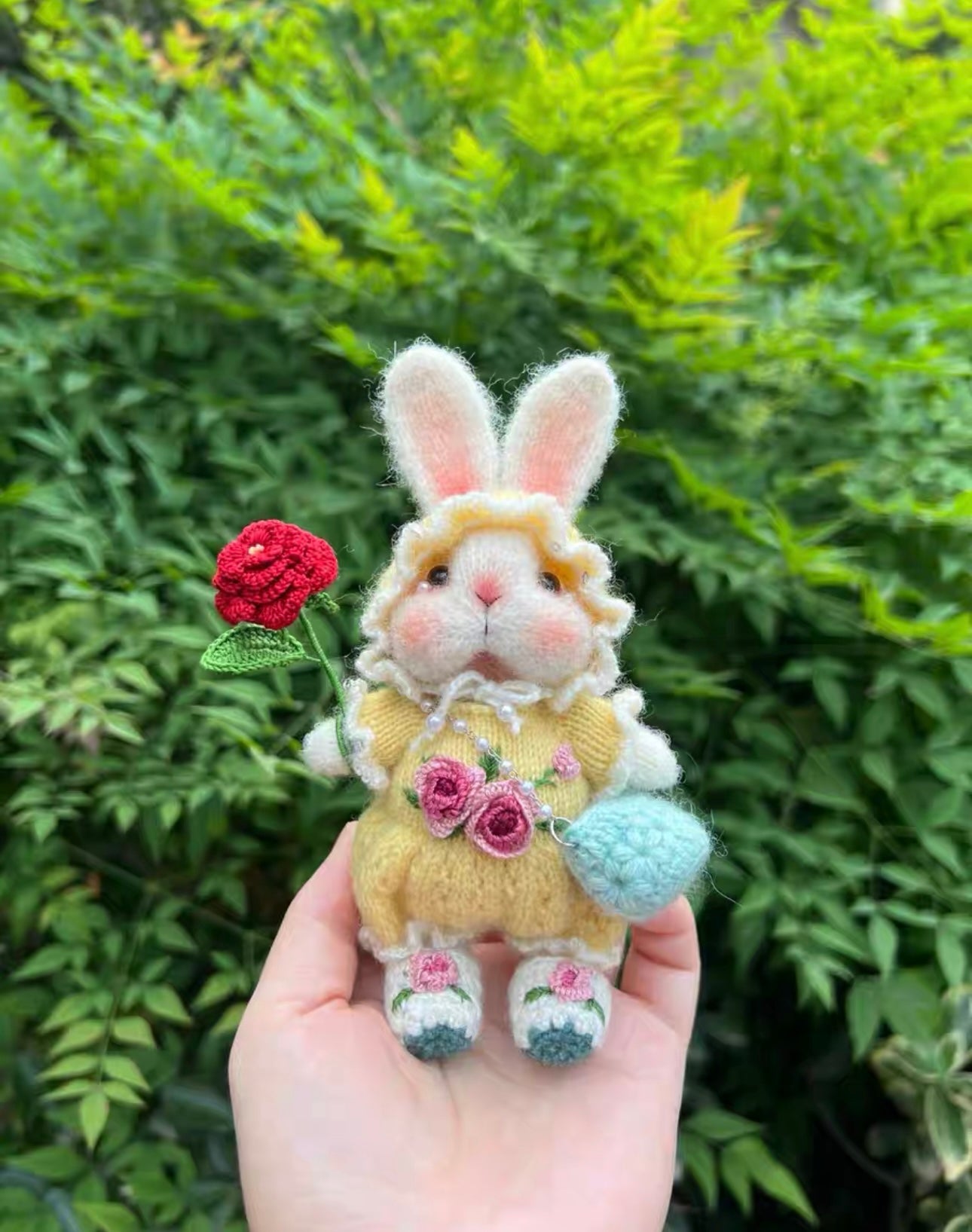 Knitted Bunny with Yellow Cloth and Red Flower/Embroidered Rose