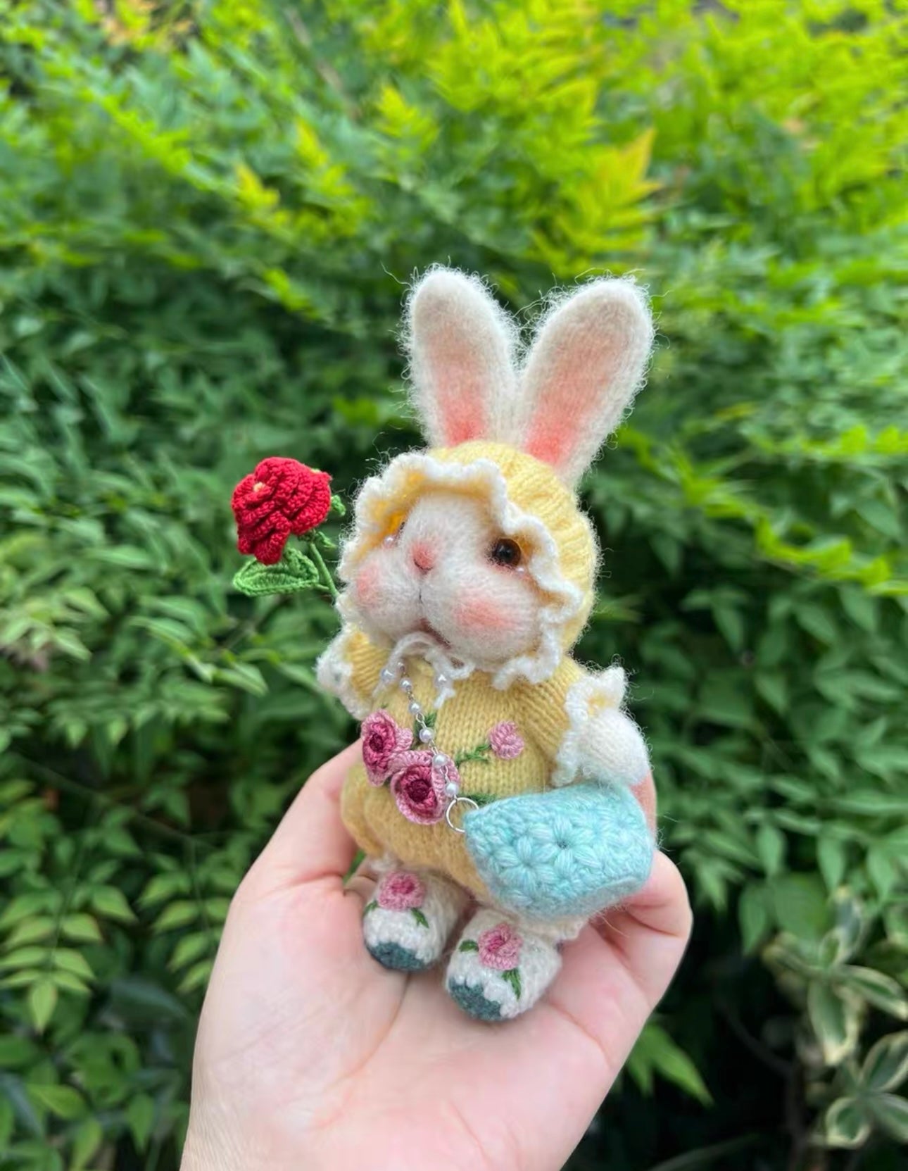Knitted Bunny with Yellow Cloth and Red Flower/Embroidered Rose