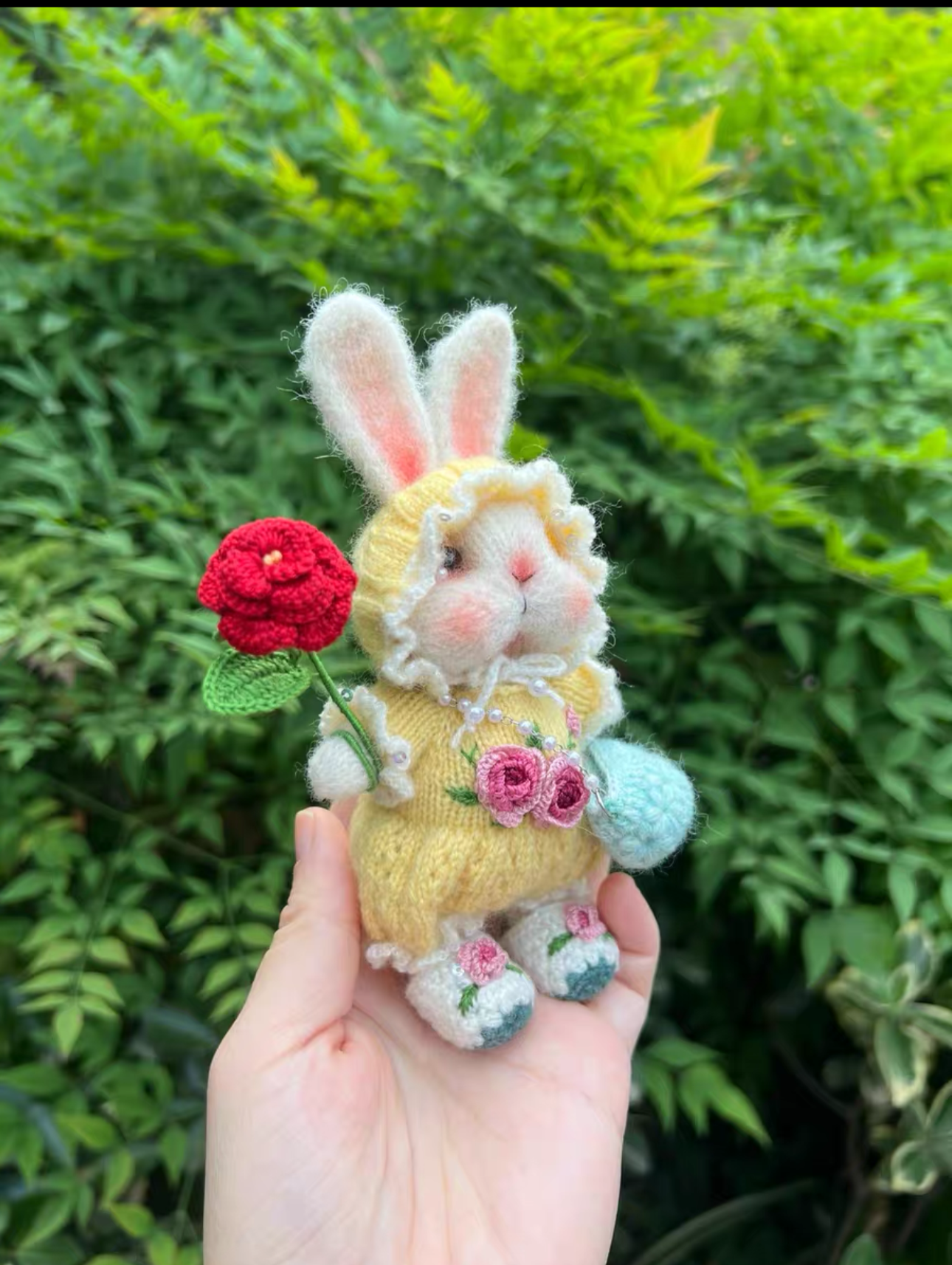 Knitted Bunny with Yellow Cloth and Red Flower/Embroidered Rose