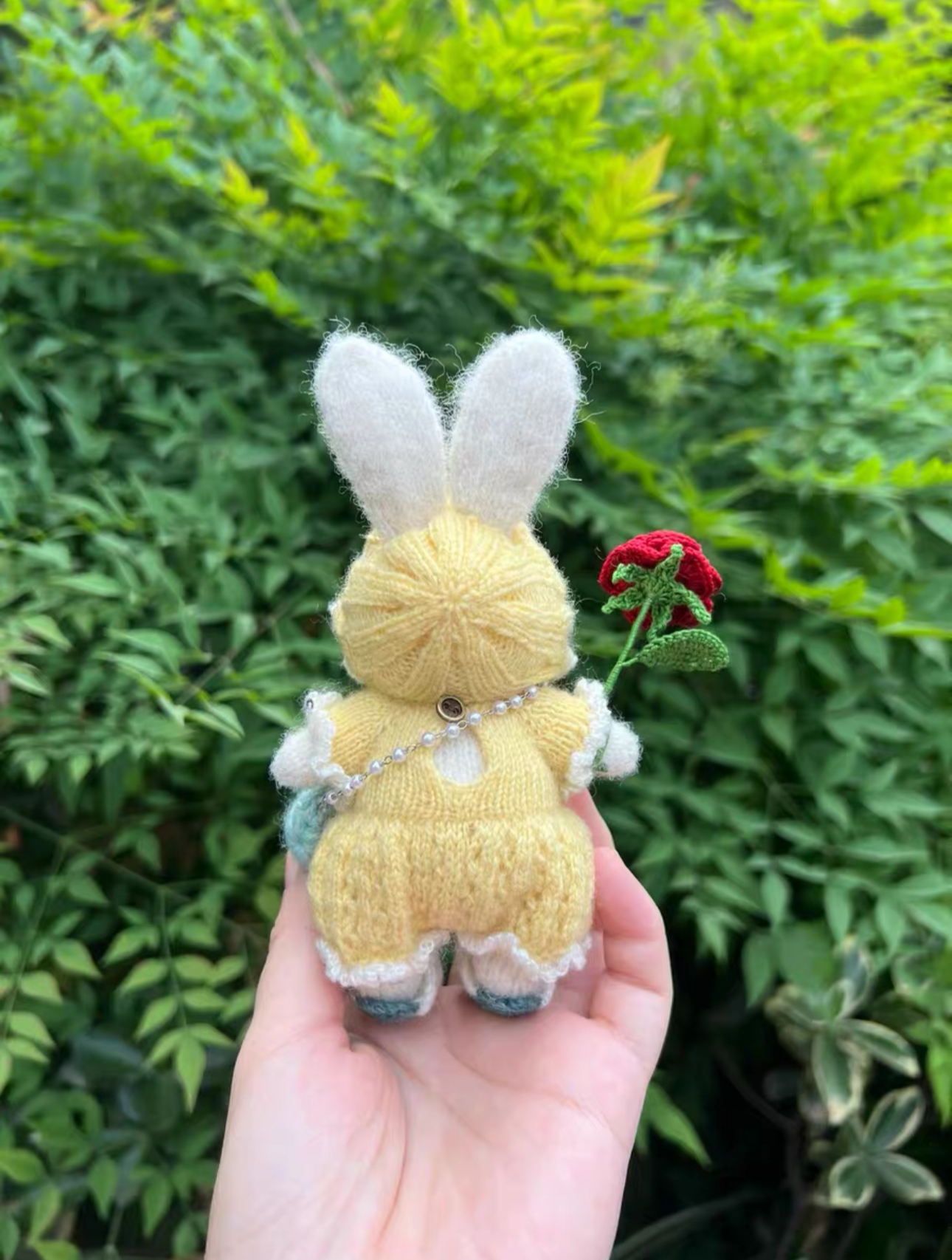 Knitted Bunny with Yellow Cloth and Red Flower/Embroidered Rose