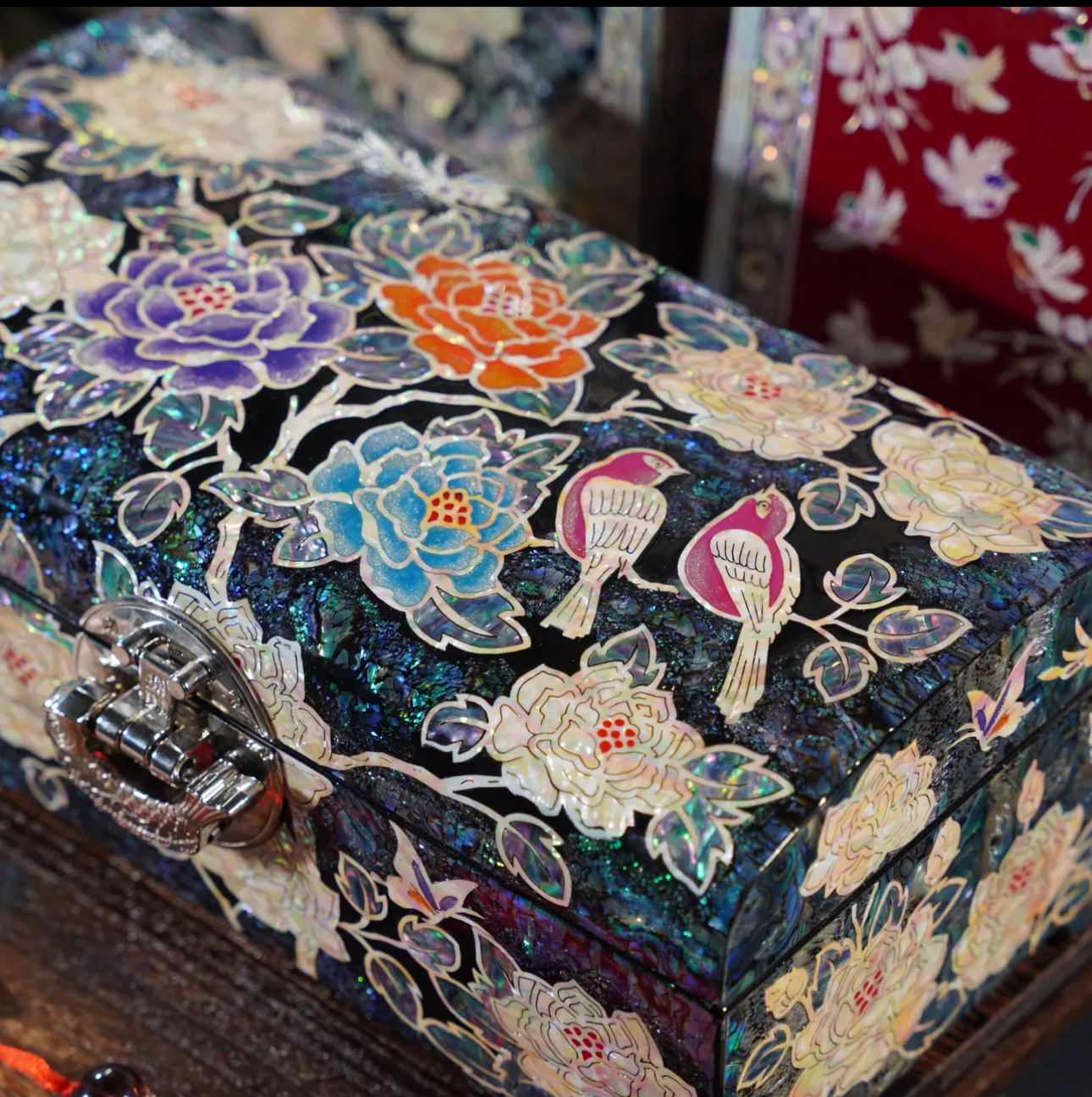 Mother of Pearl Wooden Jewelry Box- Peony and Pink Bird(18.6*11.6*8 cm/7.3*4.6*3.1 inch)