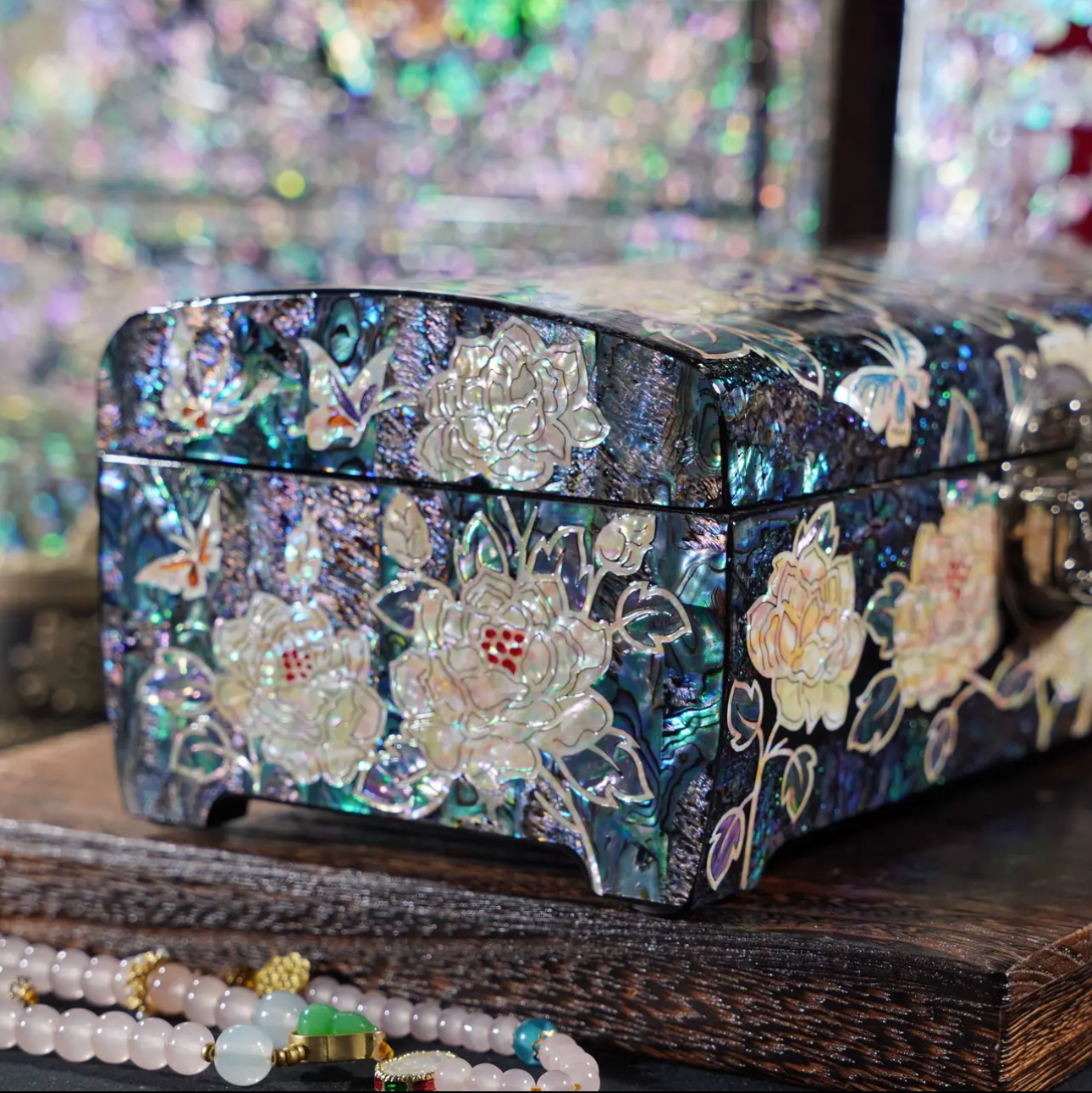 Mother of Pearl Wooden Jewelry Box- Peony and Pink Bird(18.6*11.6*8 cm/7.3*4.6*3.1 inch)