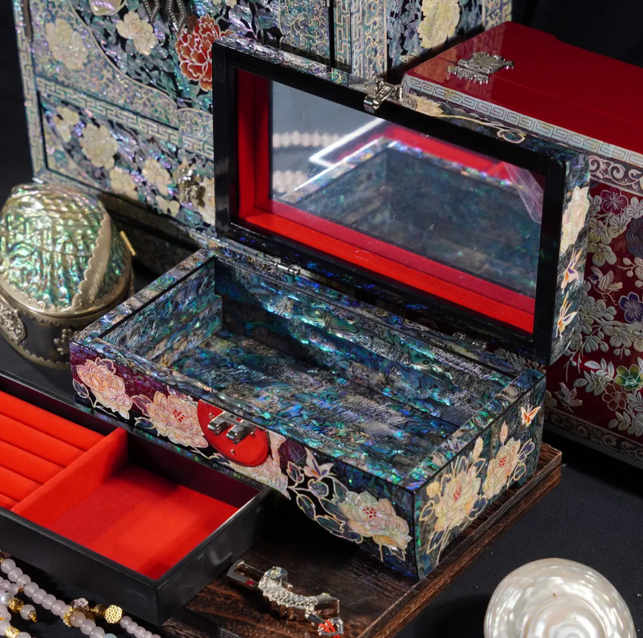 Mother of Pearl Wooden Jewelry Box- Peony and Pink Bird(18.6*11.6*8 cm/7.3*4.6*3.1 inch)