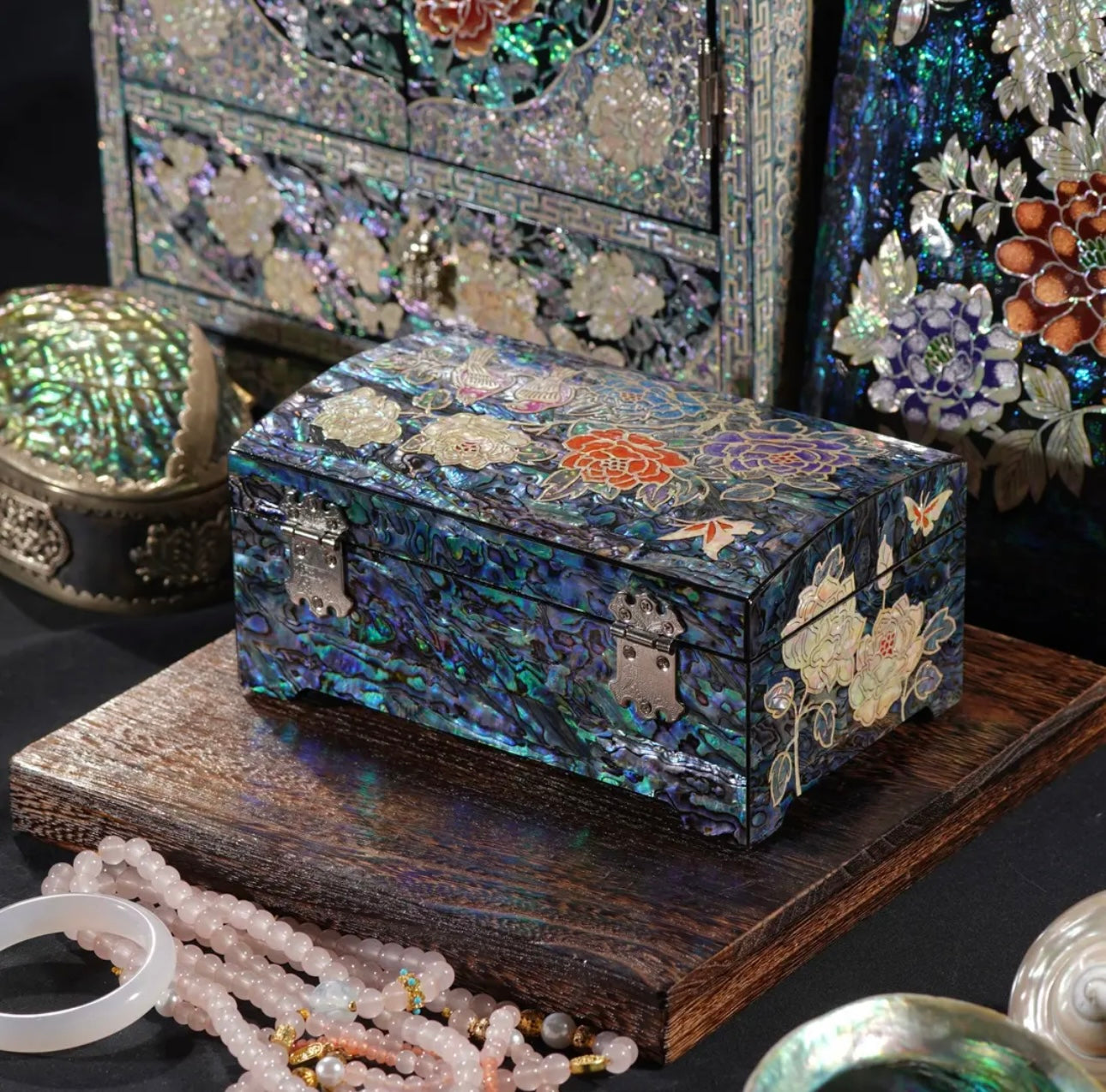 Mother of Pearl Wooden Jewelry Box- Peony and Pink Bird(18.6*11.6*8 cm/7.3*4.6*3.1 inch)