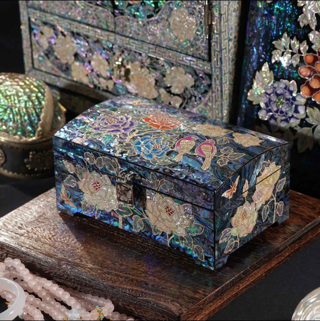 Mother of Pearl Wooden Jewelry Box- Peony and Pink Bird(18.6*11.6*8 cm/7.3*4.6*3.1 inch)
