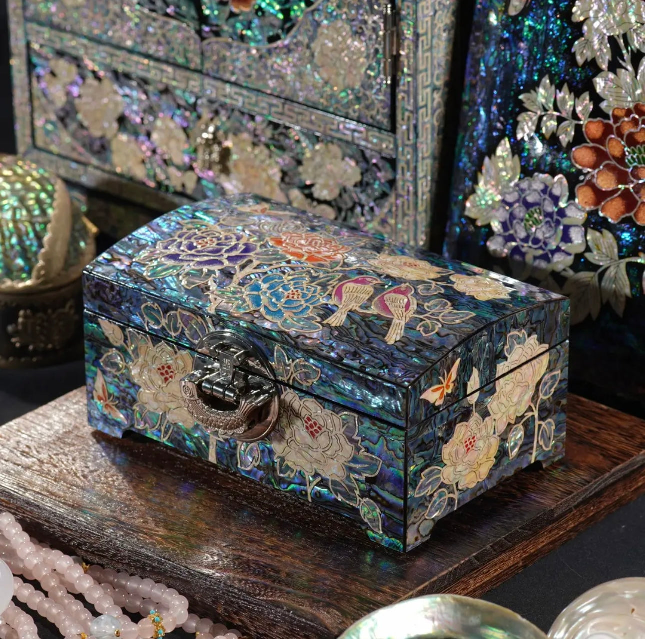 Mother of Pearl Wooden Jewelry Box- Peony and Pink Bird(18.6*11.6*8 cm/7.3*4.6*3.1 inch)