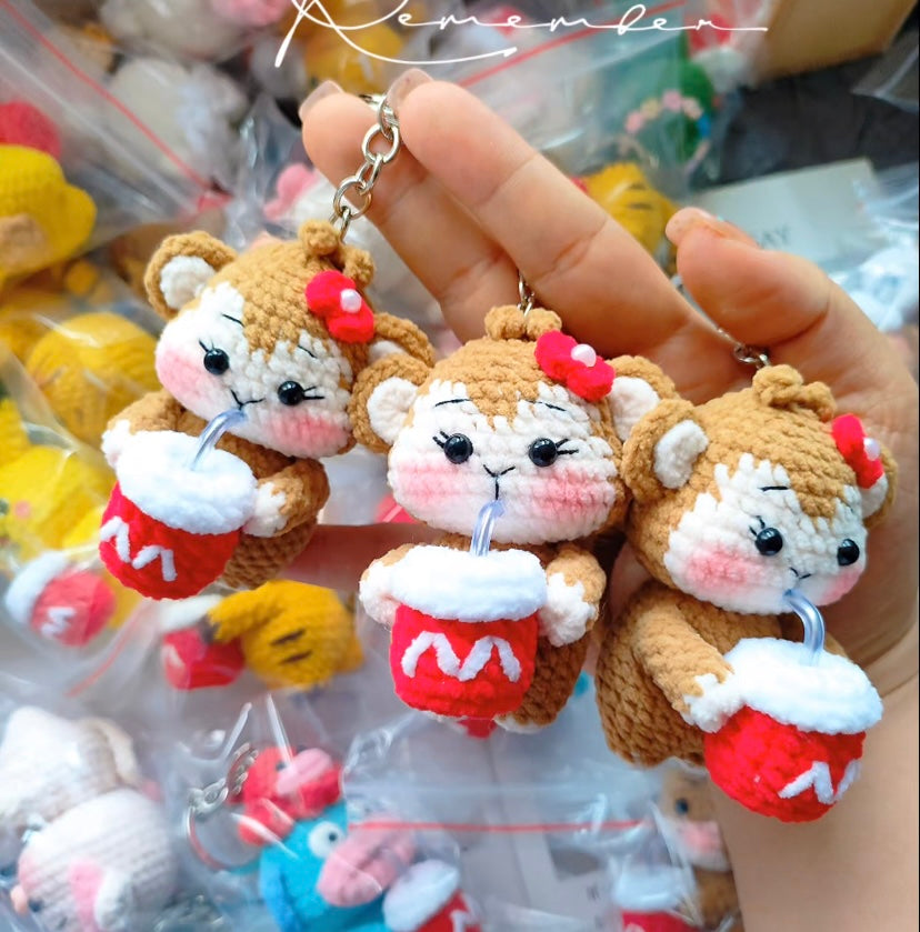 Crochet Animals with McDonal's Drink/Capybara/Fishman/Monkey/Dragon/Frog/Tiger/Panda/Duck/Ox/Pig/Pikachu/Cat/Mouse/Sheep(7 cm/2.8 inch)