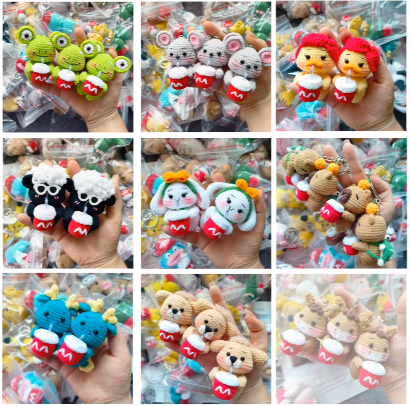 Crochet Animals with McDonal's Drink/Capybara/Fishman/Monkey/Dragon/Frog/Tiger/Panda/Duck/Ox/Pig/Pikachu/Cat/Mouse/Sheep(7 cm/2.8 inch)