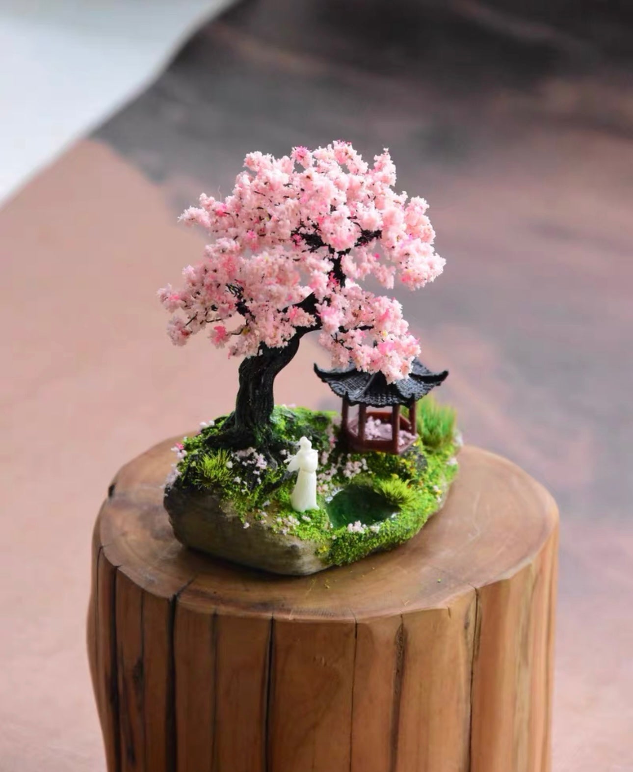 Wire Mini Bonsai/Flower Blossom Tree with 4D Printed Building(10.5*8 cm/ 4.1*3.1 inch)