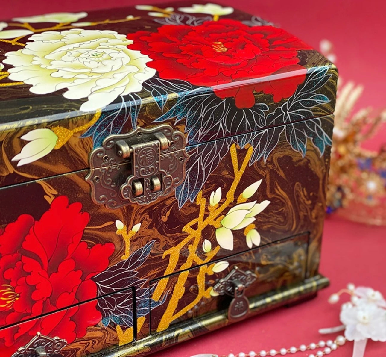 Wooden Jewelry Box- Peony Flower(28*18*18 cm/11*7.1*7.1 inch)
