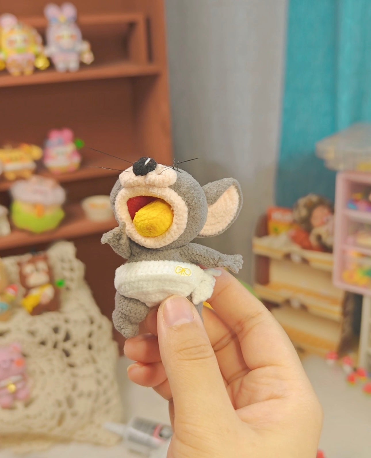 Crochet Mouse with Clay Apple+Crochet Bread/Magnetic(8 cm/3 inch)