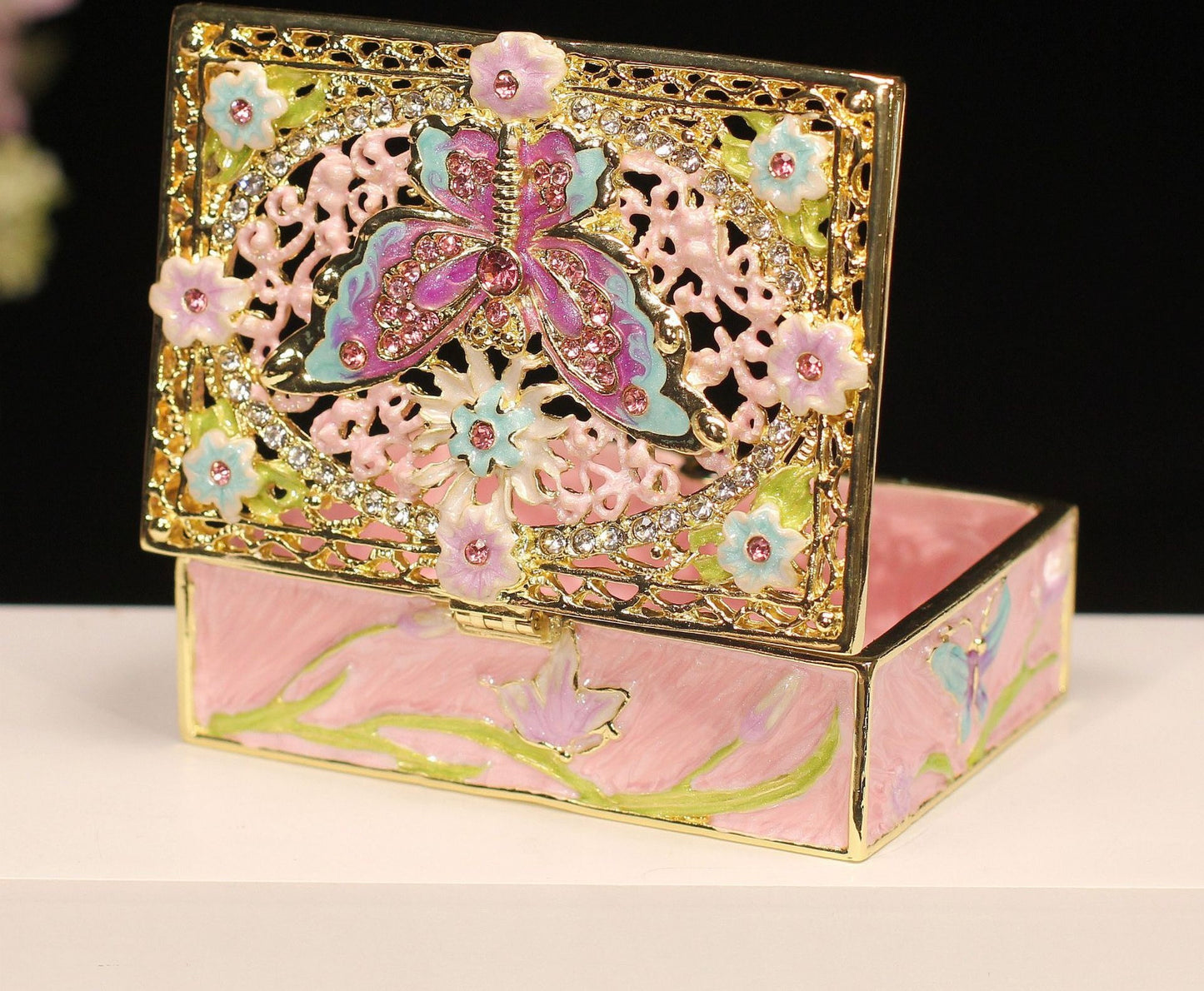 Hand Enameled Jewelry Box- Butterfly Flower Box(7.8*5.5*2.5 cm/3.1*2.2*1 inch;0.258 kg/9.1 oz)