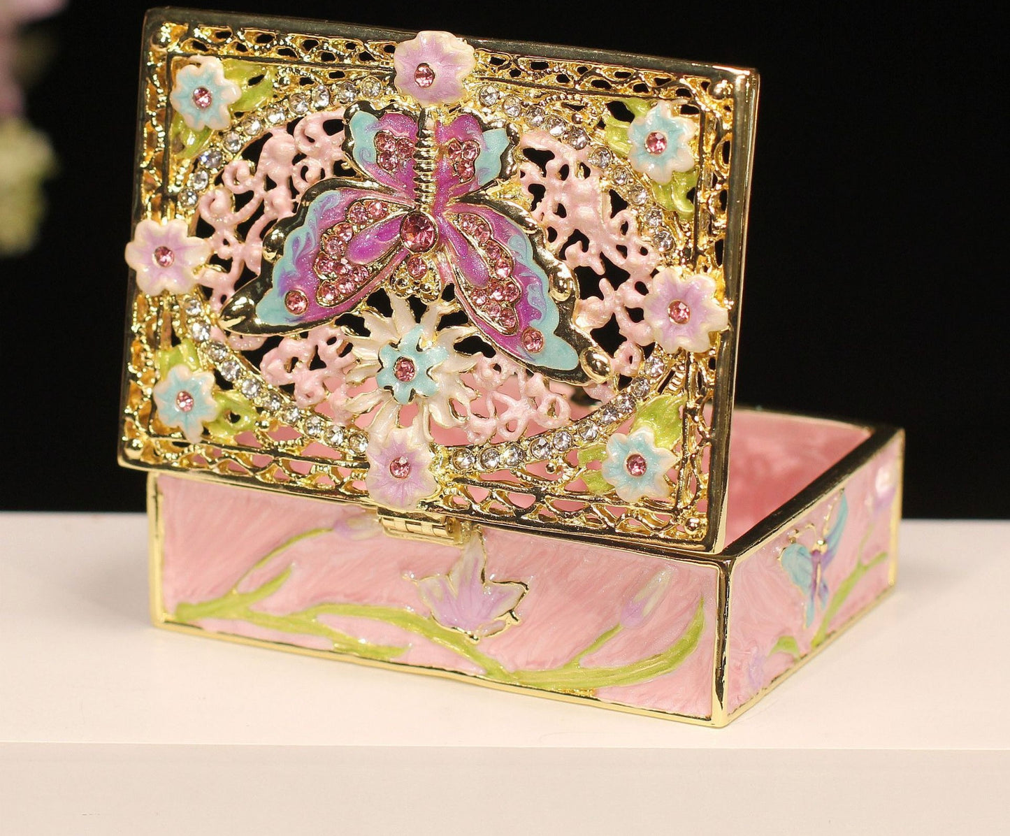 Hand Enameled Jewelry Box- Butterfly Flower Box(7.8*5.5*2.5 cm/3.1*2.2*1 inch;0.258 kg/9.1 oz)