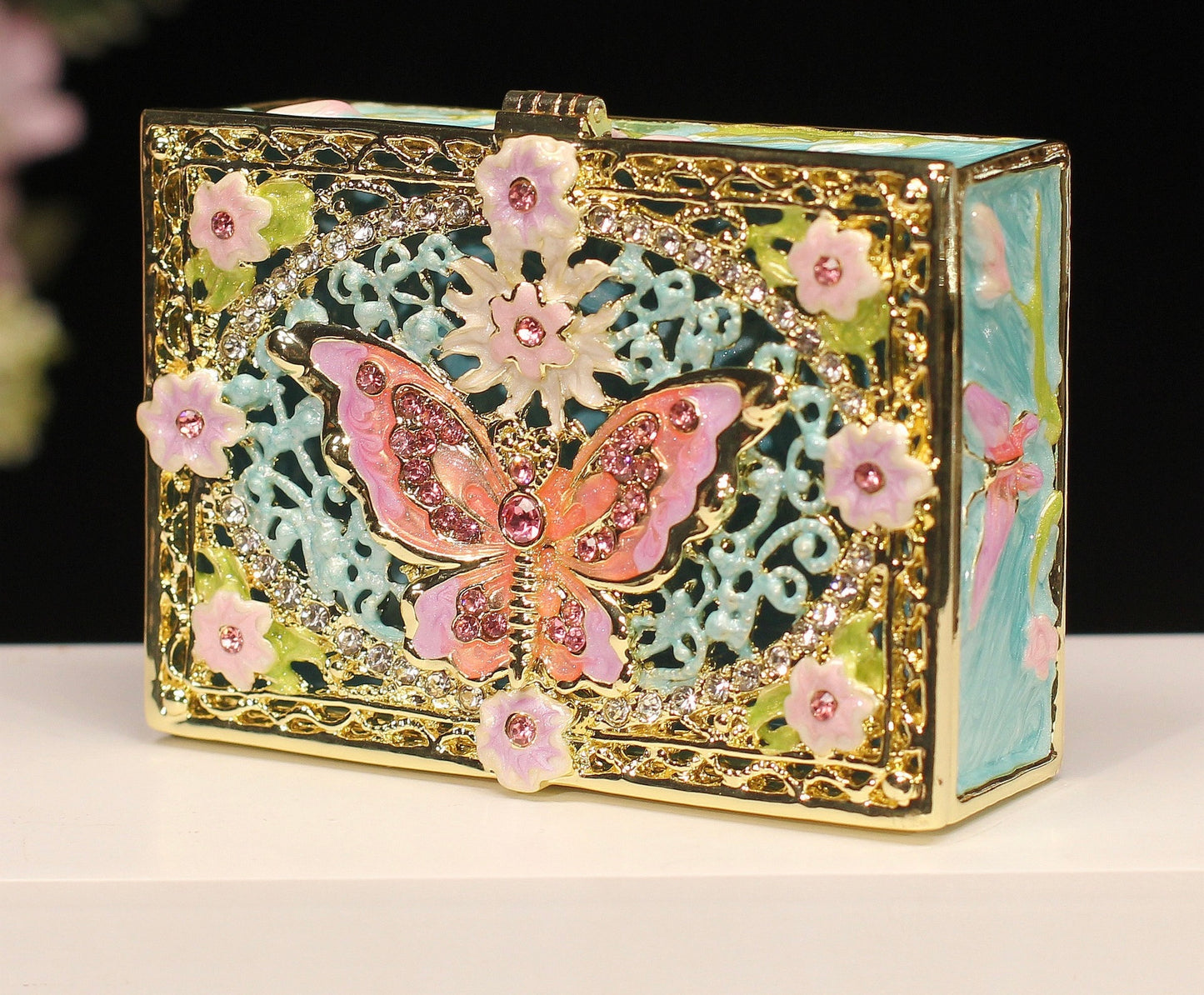 Hand Enameled Jewelry Box- Butterfly Flower Box(7.8*5.5*2.5 cm/3.1*2.2*1 inch;0.258 kg/9.1 oz)