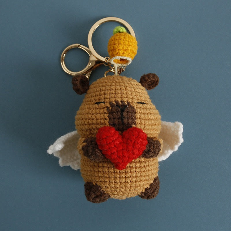 Crochet Capybara Angel Holding Heart Keychain