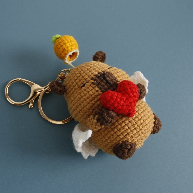 Crochet Capybara Angel Holding Heart Keychain