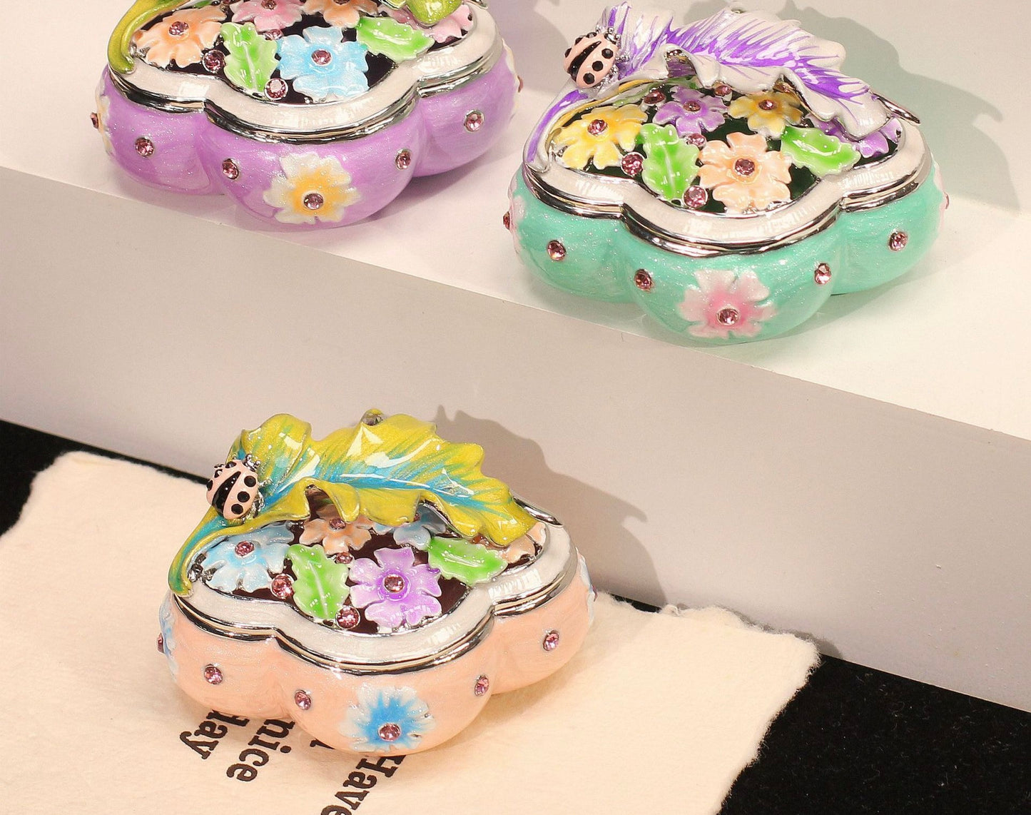 Hand Enameled Jewelry Box- Flower/Leaf/Ladybug Box(5*5*8 cm/2*2*3.1 inch;0.175 kg/6.2 oz)