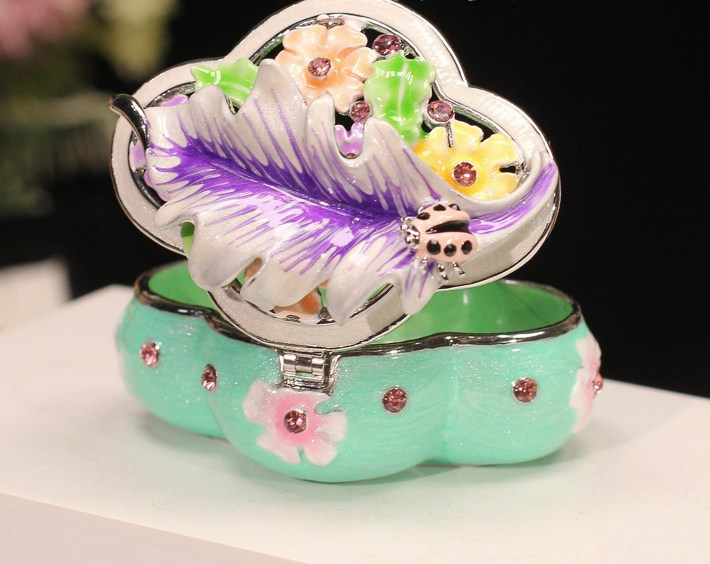 Hand Enameled Jewelry Box- Flower/Leaf/Ladybug Box(5*5*8 cm/2*2*3.1 inch;0.175 kg/6.2 oz)