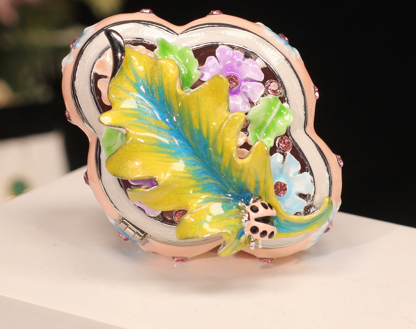 Hand Enameled Jewelry Box- Flower/Leaf/Ladybug Box(5*5*8 cm/2*2*3.1 inch;0.175 kg/6.2 oz)