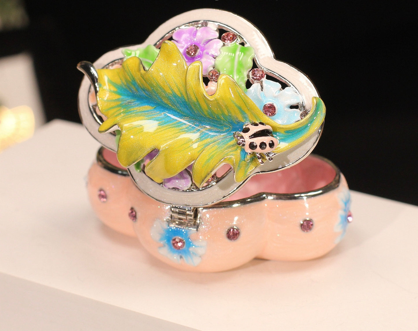 Hand Enameled Jewelry Box- Flower/Leaf/Ladybug Box(5*5*8 cm/2*2*3.1 inch;0.175 kg/6.2 oz)