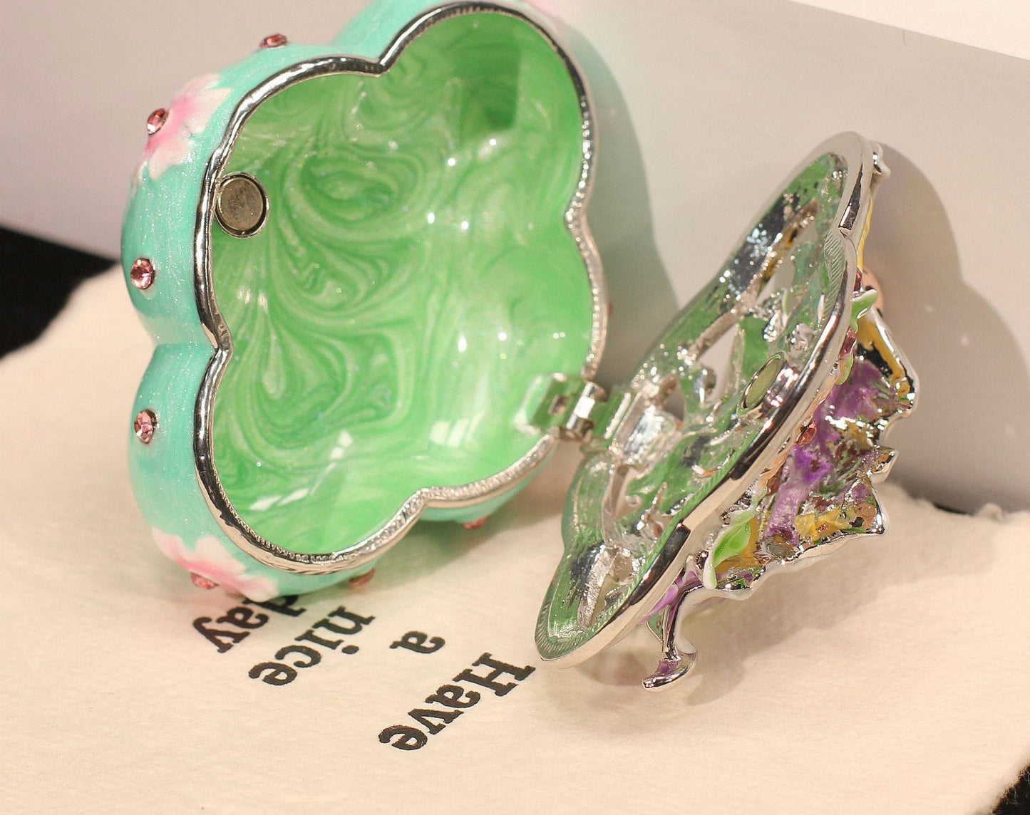 Hand Enameled Jewelry Box- Flower/Leaf/Ladybug Box(5*5*8 cm/2*2*3.1 inch;0.175 kg/6.2 oz)