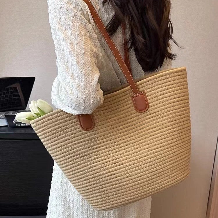 Cotton Shoulder Bag(Top: 40 cm/15.7 inch; Bottom: 25 cm/9.8 inch; Height: 29cm/11.4 inch; Strap Height: 29 cm/11.4 inch)