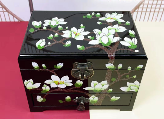 Wooden Jewelry Box- White Magnolia Flower/Black Box(21*14*15 cm/8.3*5.5*6 inch)