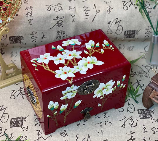 Wooden Jewelry Box- White Magnolia Flower/Red Box(21*14*15 cm/8.3*5.5*6 inch)
