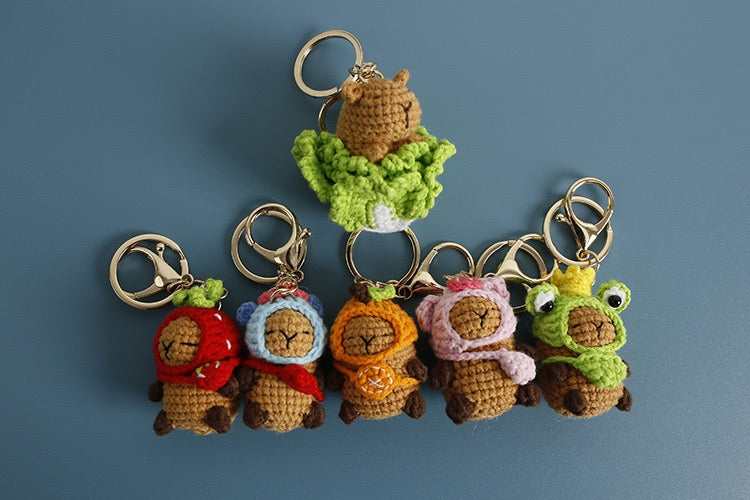 Crochet Capybara with hat Keychain/Vegetable/Strawberry/Frog/Orange/Fishman/Pink Pig/ Pink Bear/Pacha/Pikachu/Black Cat//3 Eyes MonsterMelody/Chicken