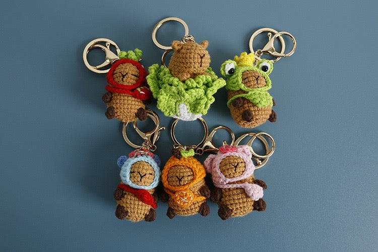 Crochet Capybara with hat Keychain/Vegetable/Strawberry/Frog/Orange/Fishman/Pink Pig/ Pink Bear/Pacha/Pikachu/Black Cat//3 Eyes MonsterMelody/Chicken
