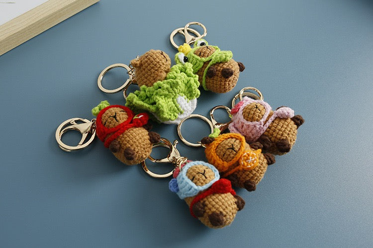 Crochet Capybara with hat Keychain/Vegetable/Strawberry/Frog/Orange/Fishman/Pink Pig/ Pink Bear/Pacha/Pikachu/Black Cat//3 Eyes MonsterMelody/Chicken