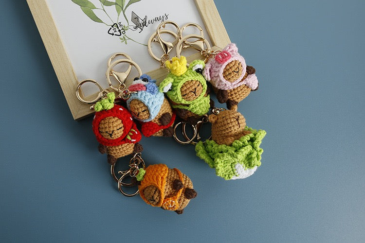 Crochet Capybara with hat Keychain/Vegetable/Strawberry/Frog/Orange/Fishman/Pink Pig/ Pink Bear/Pacha/Pikachu/Black Cat//3 Eyes MonsterMelody/Chicken