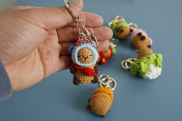 Crochet Capybara with hat Keychain/Vegetable/Strawberry/Frog/Orange/Fishman/Pink Pig/ Pink Bear/Pacha/Pikachu/Black Cat//3 Eyes MonsterMelody/Chicken