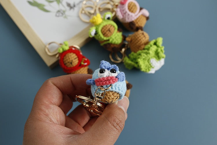 Crochet Capybara with hat Keychain/Vegetable/Strawberry/Frog/Orange/Fishman/Pink Pig/ Pink Bear/Pacha/Pikachu/Black Cat//3 Eyes MonsterMelody/Chicken