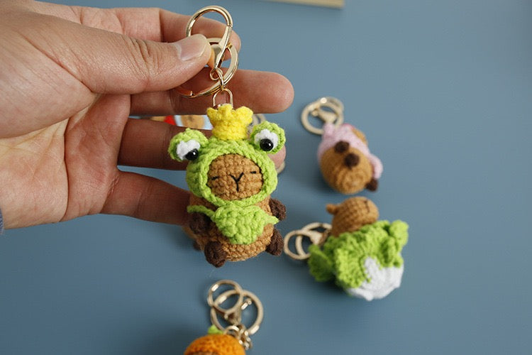 Crochet Capybara with hat Keychain/Vegetable/Strawberry/Frog/Orange/Fishman/Pink Pig/ Pink Bear/Pacha/Pikachu/Black Cat//3 Eyes MonsterMelody/Chicken