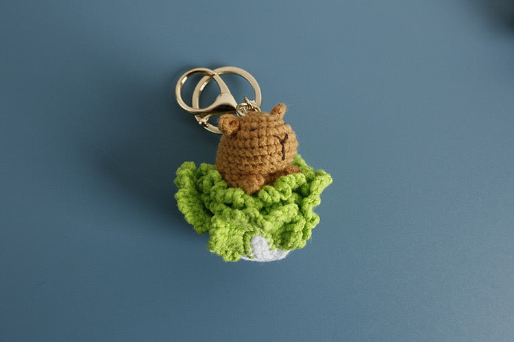 Crochet Capybara with hat Keychain/Vegetable/Strawberry/Frog/Orange/Fishman/Pink Pig/ Pink Bear/Pacha/Pikachu/Black Cat//3 Eyes MonsterMelody/Chicken