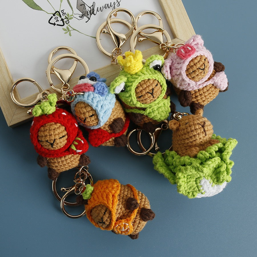 Crochet Capybara with hat Keychain/Vegetable/Strawberry/Frog/Orange/Fishman/Pink Pig/ Pink Bear/Pacha/Pikachu/Black Cat//3 Eyes MonsterMelody/Chicken