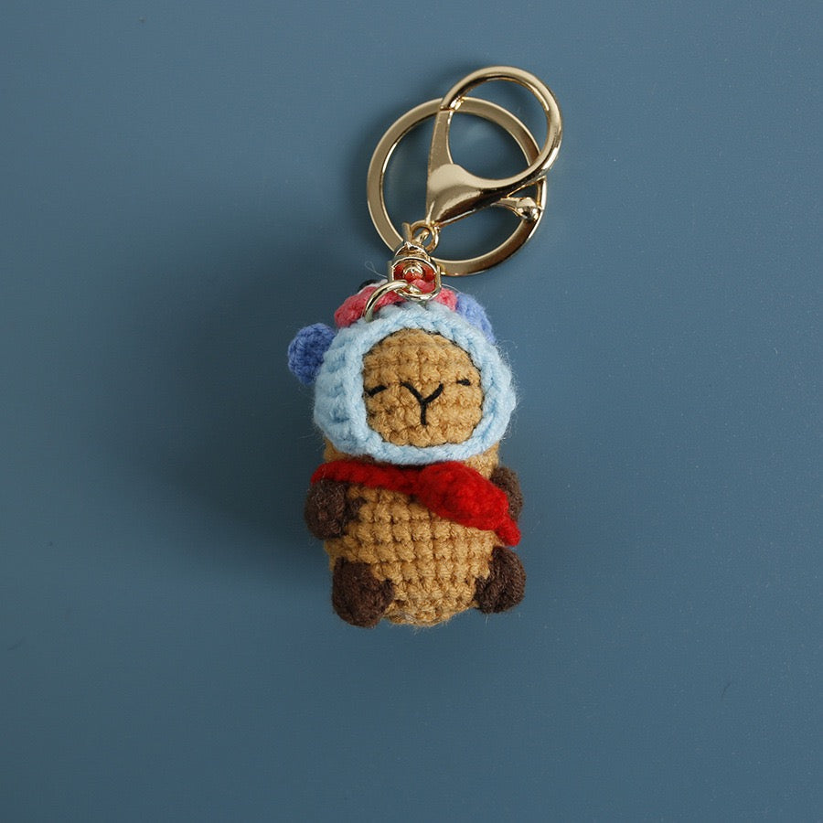 Crochet Capybara with hat Keychain/Vegetable/Strawberry/Frog/Orange/Fishman/Pink Pig/ Pink Bear/Pacha/Pikachu/Black Cat//3 Eyes MonsterMelody/Chicken