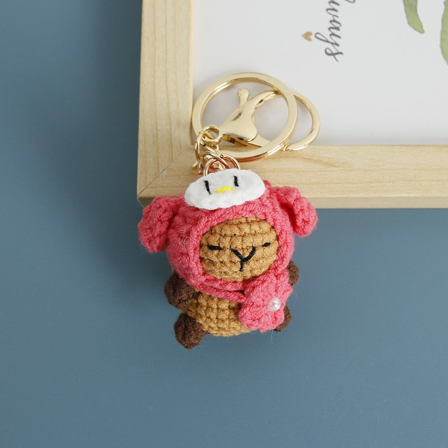 Crochet Capybara with hat Keychain/Vegetable/Strawberry/Frog/Orange/Fishman/Pink Pig/ Pink Bear/Pacha/Pikachu/Black Cat//3 Eyes MonsterMelody/Chicken
