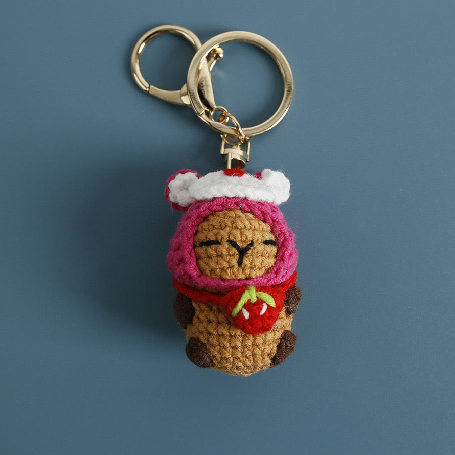Crochet Capybara with hat Keychain/Vegetable/Strawberry/Frog/Orange/Fishman/Pink Pig/ Pink Bear/Pacha/Pikachu/Black Cat//3 Eyes MonsterMelody/Chicken